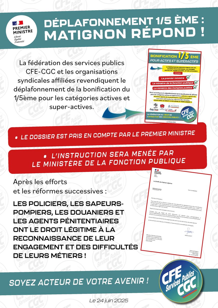Déplafonnement du 1/5e : Matignon répond enfin !
👉 Le dossier est sur la table du Premier ministre. 
👉 Instruction en cours à la Fonction publique.
<a href="/CFECGC/">CFE-CGC</a>