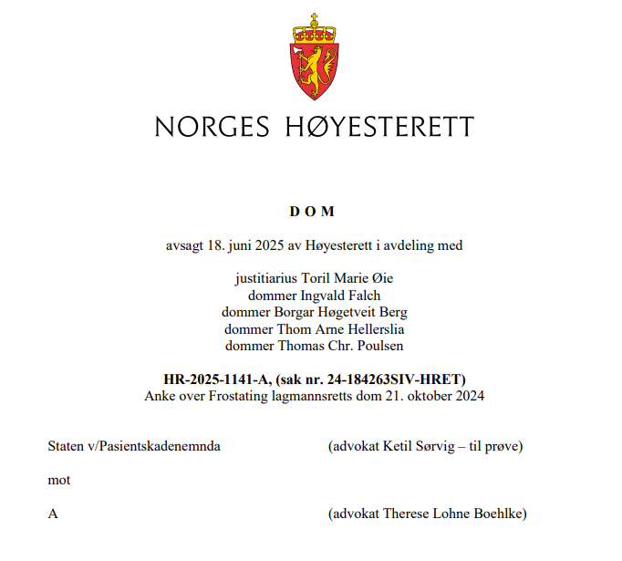 ND_Larvik's tweet photo. Høyesterett har i en fersk dom gitt en administrativ leder i barne- og familietjenesten i Trondheim avslag på krav om erstatning. 
Kvinnen tok en vaksine i 2015 etter råd fra kommuneoverlegen og Folkehelseinstituttet – men siden den ikke var en del av statens nasjonale vaksinasjonsprogram, får hun null og niks i erstatning. 

Tingrett og lagmannsrett ga henne rett, men Høyesteretts flertall snurper igjen pengepungen og sier «du burde visst bedre».

Dommen er et makkverk av kronglete tolkninger og tåkeprat som vil være vanskelig å forstå for folk flest. 
Høyesterett har tydeligvis bestemt seg for å være statens trofaste «sparegris», mens folk som stoler på offentlige råd blir stående igjen som tapere. 
Det er rett og slett smålig – og et mageplask for rettssikkerheten til vanlige folk.

Smittevernloven § 3-8, tredje og femte ledd, må vi ikke glemme nå: Staten kan tvinge deg til å ta vaksine, punktum. Ingen diskusjon, bare gjør som staten sier. 

For oss som synes dette lukter av maktmisbruk på høyt nivå, er det bare å riste på hodet.
Høyesterett viser at de er mer opptatt av å polstre statens makt enn å gi folk en fair sjanse.