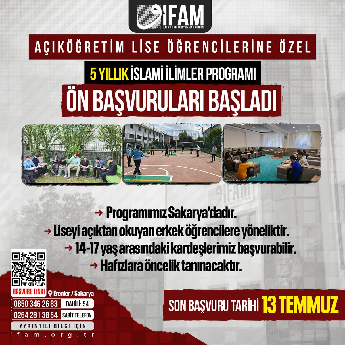Açıköğretim Lise İle Beraber 5 Yıllık İslami İlimler Programı Ön Başvuruları Başladı

Başvuru İçin; 
ifam.tr/14-17-yas-basv…
