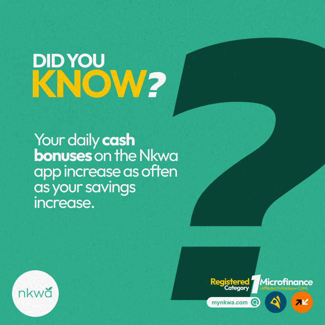 Nkwa (@mynkwa) on Twitter photo Your consistent savings on Nkwa unlock awesome cash bonuses as rewards for your discipline!
We believe in helping you reach your financial goals, which is why we provide a secure platform where your money can work for you and grow bigger with every deposit you make. Your consistent savings on Nkwa unlock awesome cash bonuses as rewards for your discipline!
We believe in helping you reach your financial goals, which is why we provide a secure platform where your money can work for you and grow bigger with every deposit you make.