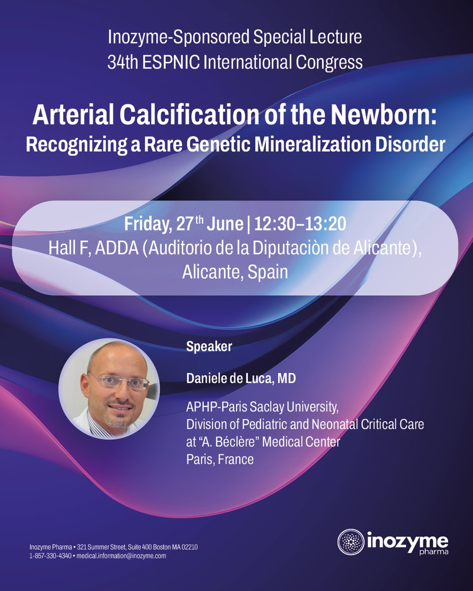 ESPNIC_Society's tweet image. Is vascular calcification on your differential?
Join Dr. Daniele DeLuca at 12:30 pm Friday for a special lecture on the diagnostic hallmarks of Generalized Arterial Calcification of Infancy (GACI)