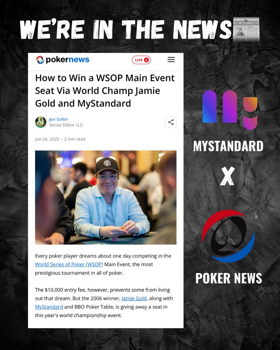 MyStandardDotIO's tweet photo. 🚨 HUGE ANNOUNCEMENT: You could win a $10K WSOP Main Event seat &amp; a VIP trip to Vegas w/ coaching from poker legend @RealJamieGold  🤯

Details just dropped on @PokerNews 👇🔗 https://t.co/fkmbk7VgoJ 
#WSOP #JamieGold #MyStandard #MYSTMainEvent #PokerGiveaway https://t.co/D2FipBW1CE