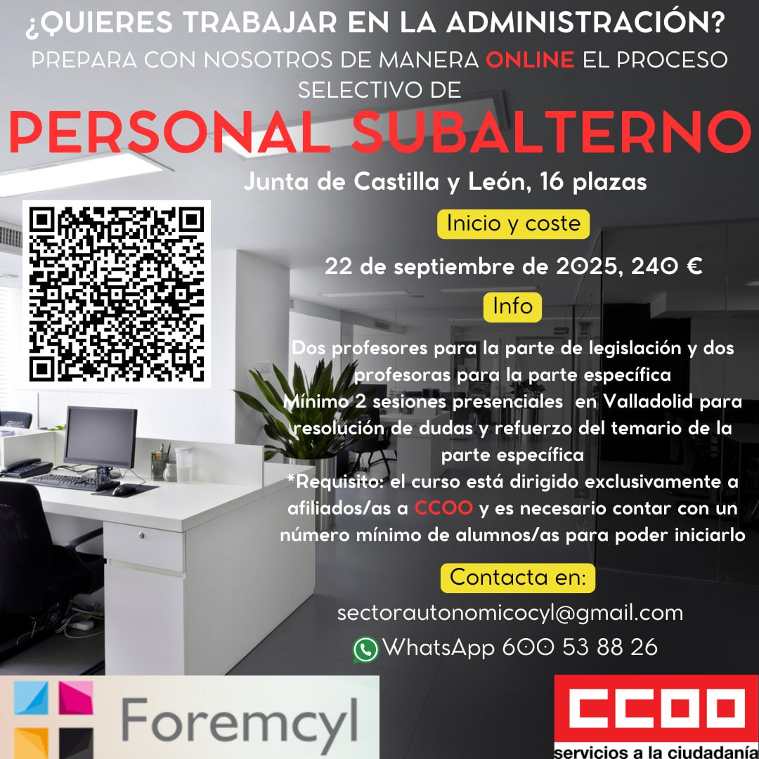 Ccoocylform's tweet image. Si eres afiliado/a de CCOO, la FSC te ayuda con la convo de Pers Subalt JCyL. El mejor equipo docente, de reconocido prestigio, preparados y motivados para ayudarte y Foremcyl, con sus estupendas instalaciones en cada provincia y su plataforma online. ¡Es el momento!
@CCOOCyL