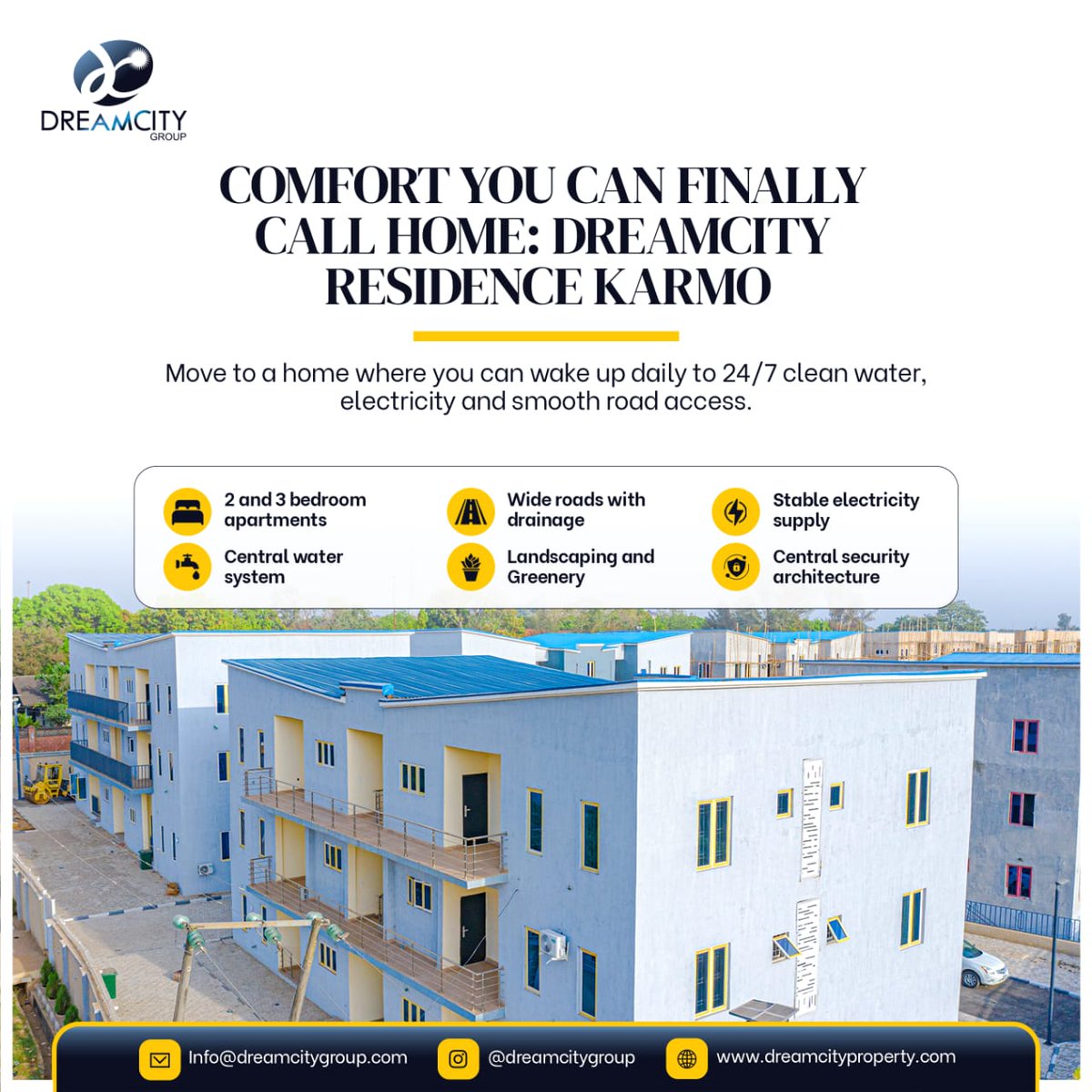 DreamcityGroup's tweet image. Experience ready-to-live comfort at Dreamcity Residence, Karmo. Our estate is built for ease, and built for you. Call 08168532563 to book an inspection for our property. 

#liveincomfort
#investindreamcity
#apartmentsforsale 
#realestateabuja