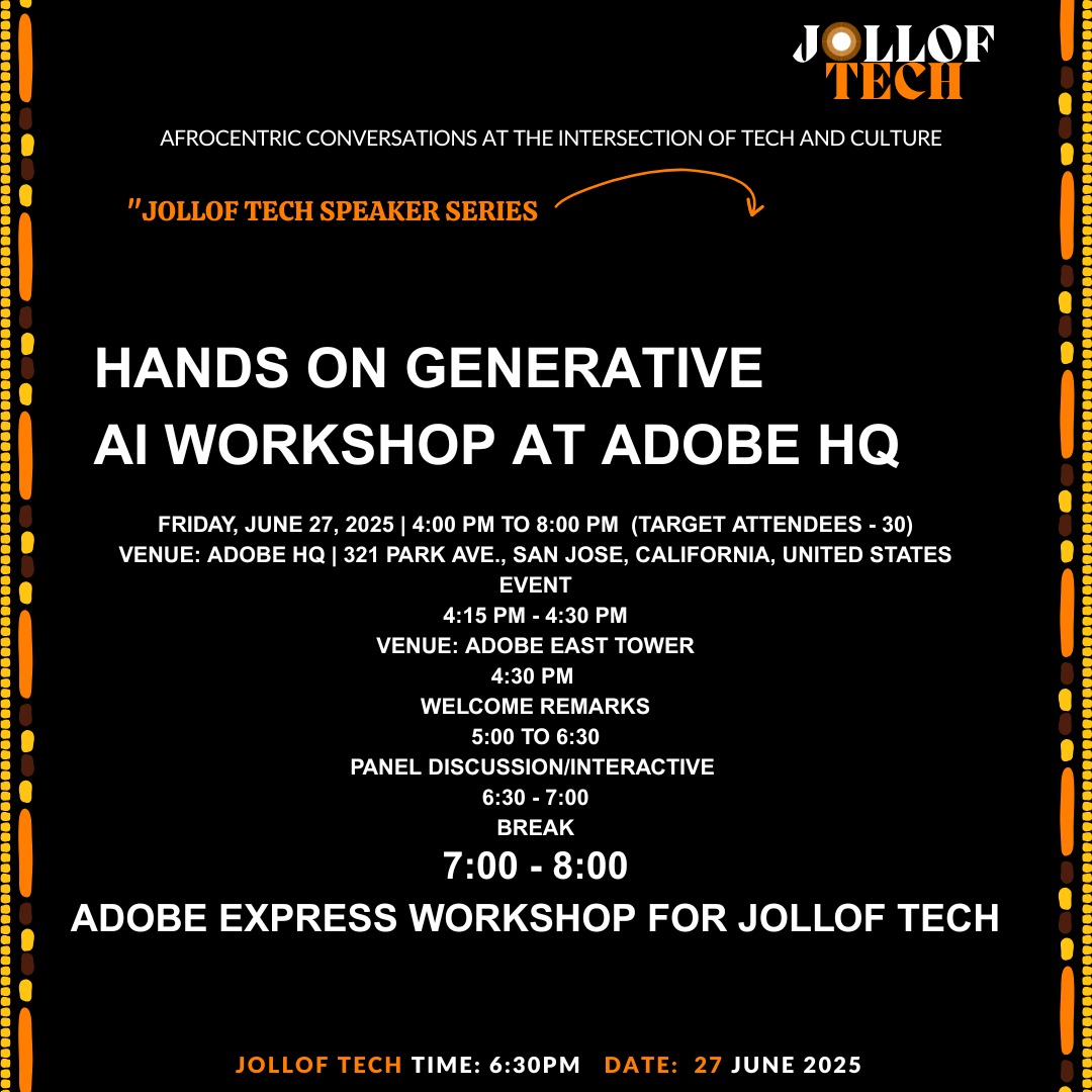 🚀 Big News! This Friday, June 27th, Jollof Tech is partnering with Adobe for an exclusive event at their HQ! 🚀

Come learn about their latest generative AI tools from a top Adobe expert. 

Sign up - 
eventbrite.com/e/jollof-tech-…. 
Get ready to connect, learn, and be inspired! ✨