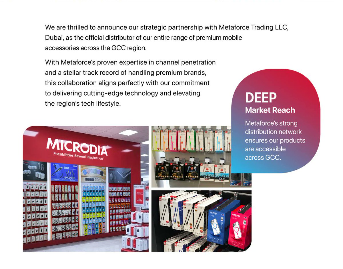 kofukutrading's tweet image. 📢【戦略提携発表】
MICRODIAは、ドバイのMetaforce社と提携し、GCC全域でのプレミアムモバイルアクセサリー展開を本格始動！
地域のテックライフを革新します✨
#MICRODIA #Metaforce #GCC