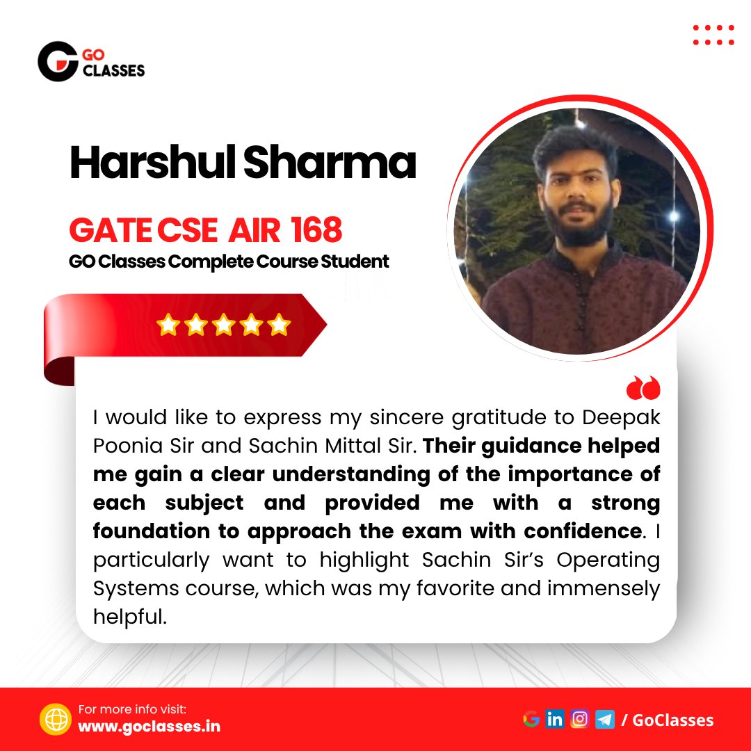 GOClasses_CSE's tweet photo. 🎉 Proud Moment for @GOClasses_CSE!

🚀 AIR 168 achieved by Anuj Singh in GATE CSE 2025! 

in his words:
😊 Their Guidance helped me gain clear understanding of each subject.
💪🏻 Sachin Sir's Operating System Course was immensely helpful.

#gate2025 #CSE #GOClasses #Motivation https://t.co/eNiMY7NB7v
