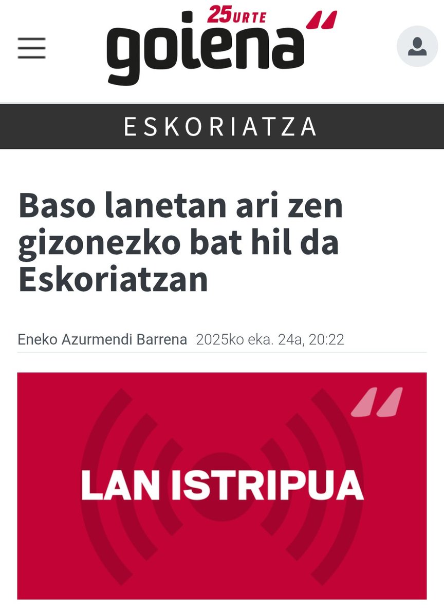 ⚠️Atzo gizonezko bat hil zen laneko istripu batean Eskoriatzan.
Gure babes osoa familia eta ingurukoei.
Kapitalismoa hiltzaile!