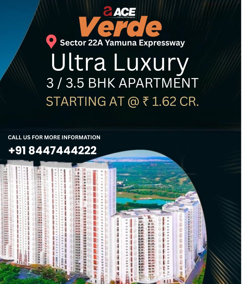 PropertynewsPro's tweet photo. Luxury Has a New Landmark 💫
Presenting ACE Verde – 3 &amp; 3.5 BHK ultra-luxury apartments starting at ₹1.62 Cr.
Located at Sector 22A, Yamuna Expressway.

📞 +91 8447444222
🔗 https://t.co/xvJ3d0B7Sd

#ACEVerde #YamunaExpresswayHomes #FilmCityNoida #LuxuryApartments #NewLaunch2025 https://t.co/DjocbZy5hR