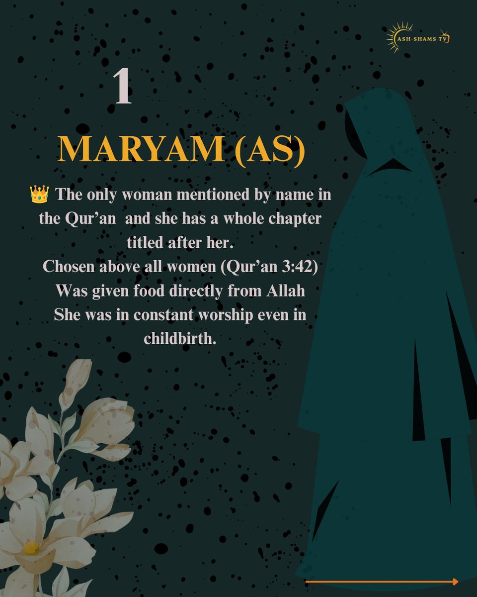 Ash_ShamsTV's tweet photo. Thread 🧵
Did you know the Qur’an doesn’t only mention women  it honors them?
Here are 5 incredible women whose stories still inspire generations.

#womeninislam #islamicthread #muslimx #deenreminders #faith #ummah #ashshamstv https://t.co/6ncds8TDGT
