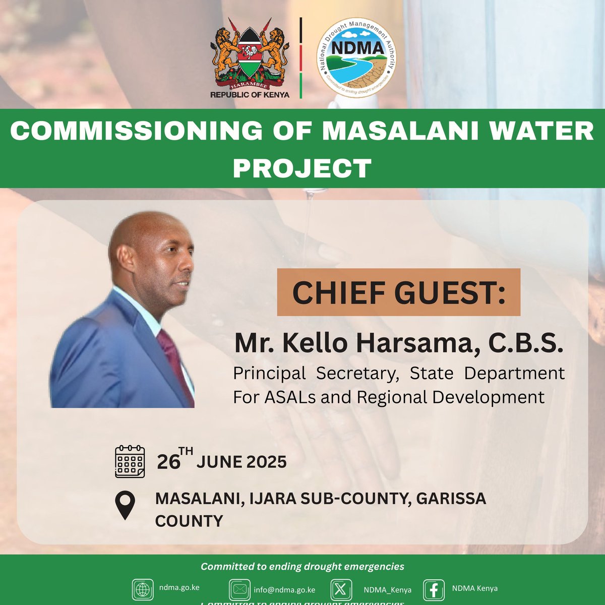 Join us tomorrow for the official commissioning of the Masalani Water Project, a major step in strengthening drought resilience in Ijara, Garissa County.