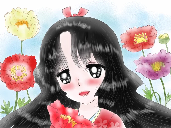 昔のイラスト紹介 福娘童話集昔話11 「瓜子姫」4 (あらすじ) 瓜子姫は大きくなるにつれてますます可愛らしくなります そのけしの花の様に美しさにお殿さまがお嫁にほしいと言ってくるほどです 瓜子姫は はたをおるのが上手で毎日楽しそうに機おりをしながら #昔話
