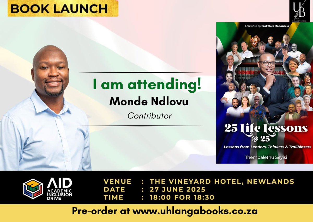 Justice_Seyisi's tweet image. 2 Days to go! 🔔

We are so looking forward to having some of the contributors at the #25LifeLessons #CTLaunch this Friday!

Unfortunately, due to space, we are unable to accept any more guests. 

Get the book here: uhlangabooks.co.za 

#25LifeLessons #BookLaunch #CTLaunch📚