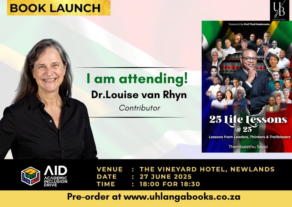 Justice_Seyisi's tweet image. 2 Days to go! 🔔

We are so looking forward to having some of the contributors at the #25LifeLessons #CTLaunch this Friday!

Unfortunately, due to space, we are unable to accept any more guests. 

Get the book here: uhlangabooks.co.za 

#25LifeLessons #BookLaunch #CTLaunch📚
