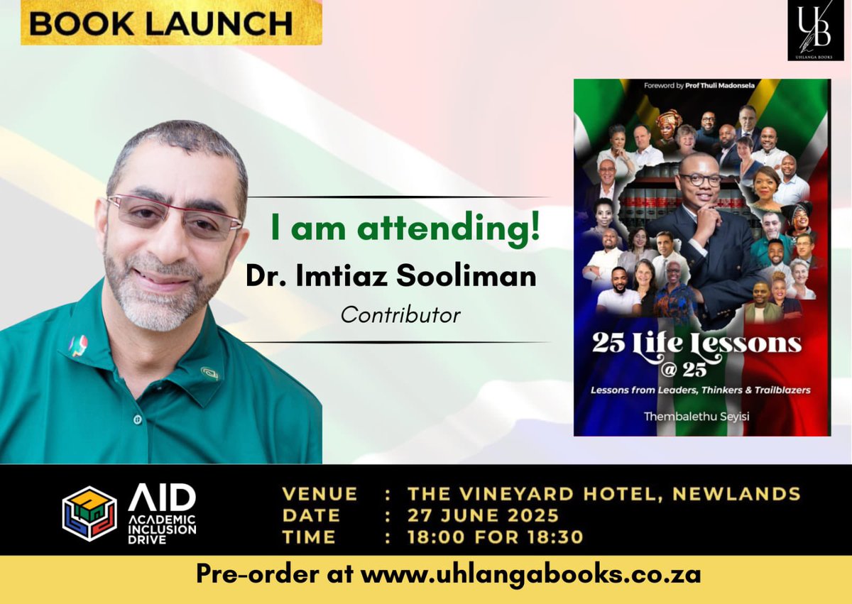 2 Days to go! 🔔

We are so looking forward to having some of the contributors at the #25LifeLessons #CTLaunch this Friday!

Unfortunately, due to space, we are unable to accept any more guests. 

Get the book here: uhlangabooks.co.za 

#25LifeLessons #BookLaunch #CTLaunch📚