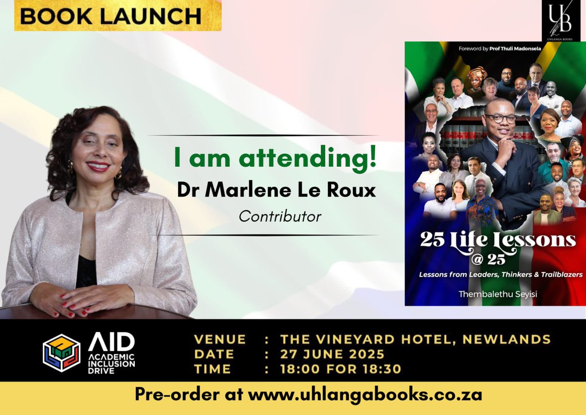 Justice_Seyisi's tweet image. 2 Days to go! 🔔

We are so looking forward to having some of the contributors at the #25LifeLessons #CTLaunch this Friday!

Unfortunately, due to space, we are unable to accept any more guests. 

Get the book here: uhlangabooks.co.za 

#25LifeLessons #BookLaunch #CTLaunch📚