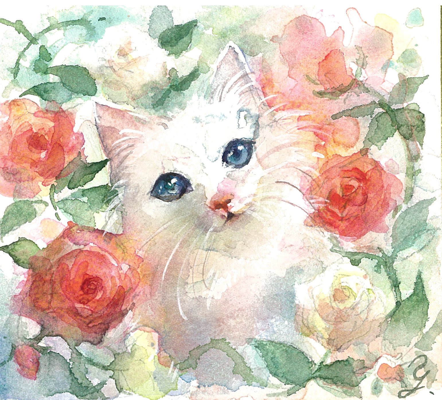 絵画 猫 ねこ 透明水彩 猫の絵 cat art chat watercolor 猫の水彩画 ペット愛好家アート 猫の肖像画 縞模様の猫