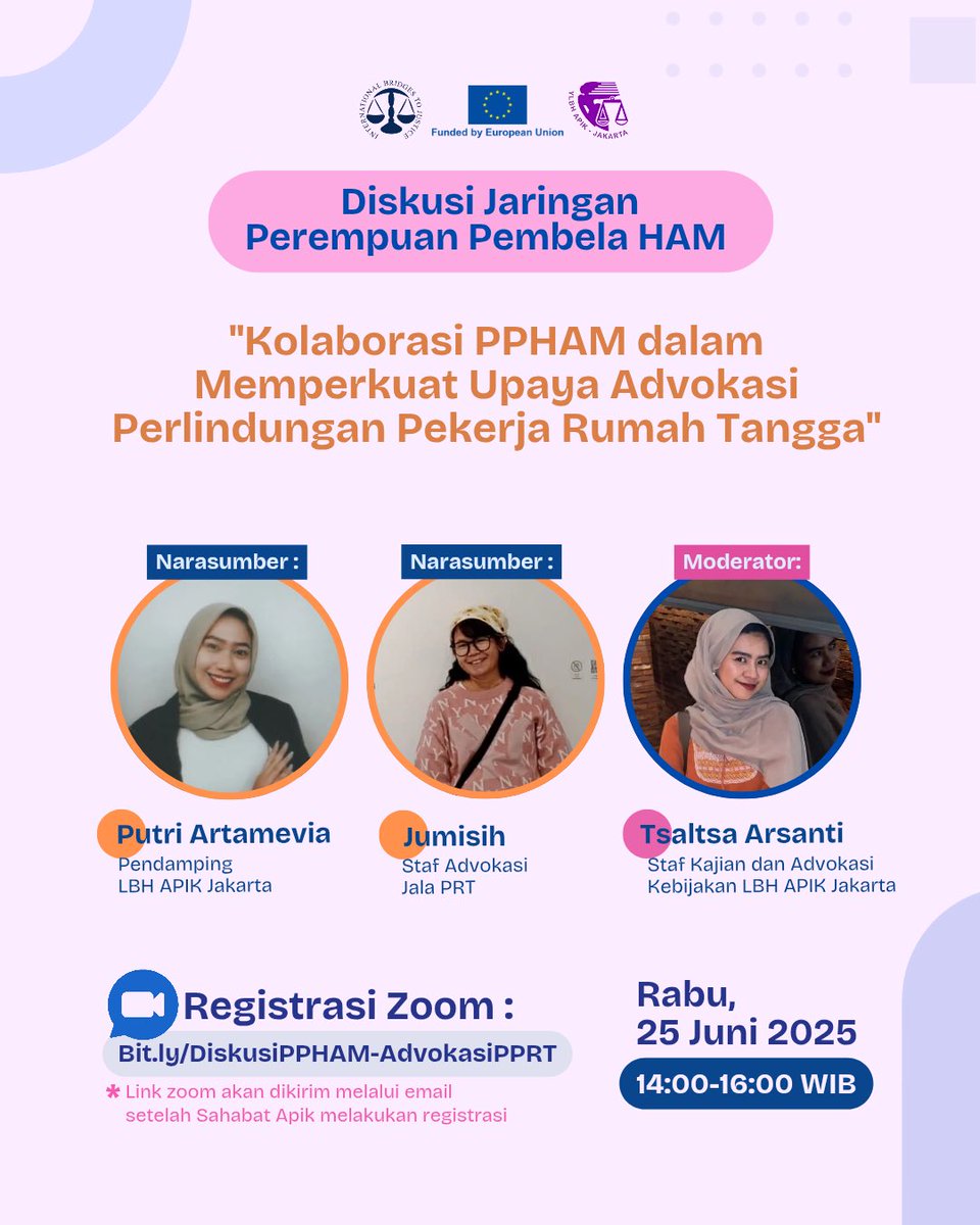 Hari ini kita akan ada diskusi ngomongin upaya advokasi perlindungan pekerja rumah tangga nih teman-teman. Join melalui link ini yah 👉🏻 bit.ly/DiskusiPPHAM-A…
