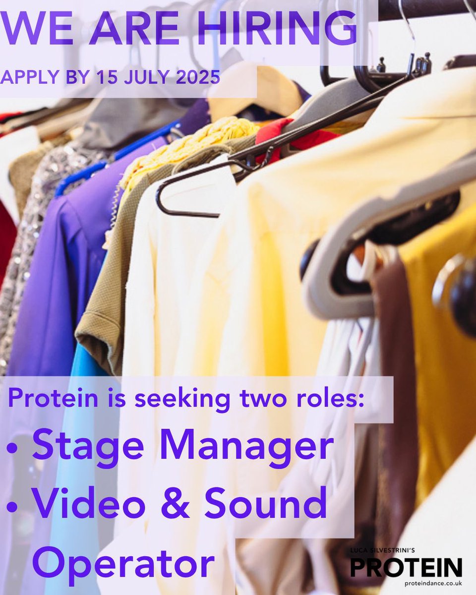 We’re Hiring! Luca Silvestrini’s Protein is recruiting for two exciting roles to join our team this autumn/winter!

We’re looking for:
🛠️ Stage Manager
🎧 Sound &amp; Video Operator/Technician
Join our collaborative team presenting a new family dance theatre production this Winter.