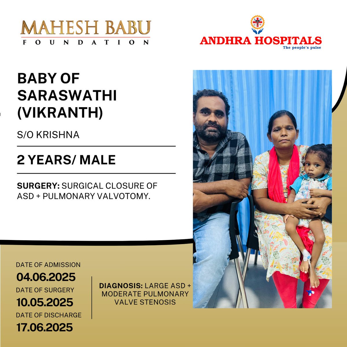 Mahesh Babu Foundation (@mbfoundationorg) on Twitter photo The 2-year-old👶 had successful heart surgery. After 3 days in the ICU at <a href="/andhrahospital1/">Andhra Hospitals</a>, the child is recovering well. 💓We’re committed to giving every child a chance—one heartbeat at a time.
#MBForSavingHearts #MaheshBabuFoundation #SavingLives The 2-year-old👶 had successful heart surgery. After 3 days in the ICU at <a href="/andhrahospital1/">Andhra Hospitals</a>, the child is recovering well. 💓We’re committed to giving every child a chance—one heartbeat at a time.
#MBForSavingHearts #MaheshBabuFoundation #SavingLives