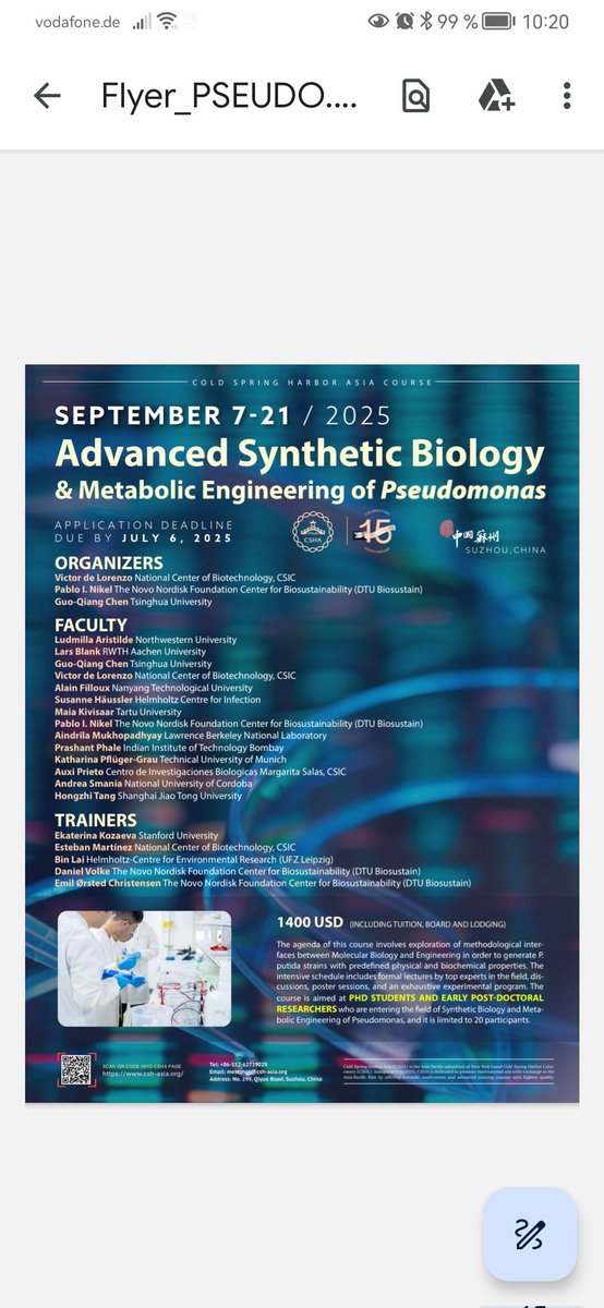 binlai89's tweet image. Last 10 days to hand in your application to the @CSHANews course of #synbio in @pseudomonasputida. Absolutely not-missed opportunity to learn advanced techniques and get connected with the leading scientists community.

See you in Suzhou.