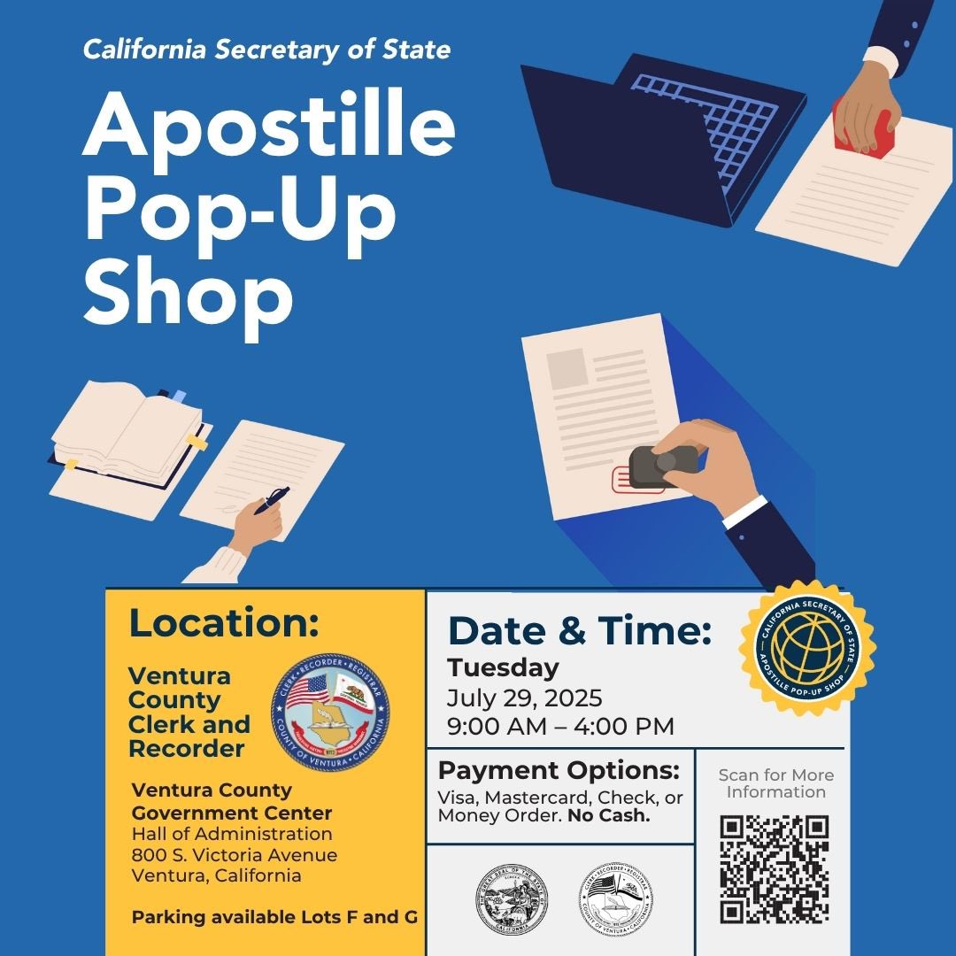 VCClerkRecorder's tweet image. The Clerk-Recorder is partnering with the California Office of the Secretary of State (SOS) to bring the Apostille Pop-Up Shop to the Ventura County Government Center, on Tuesday, July 29 from 9AM-4PM. Press release: clerkrecorder.venturacounty.gov