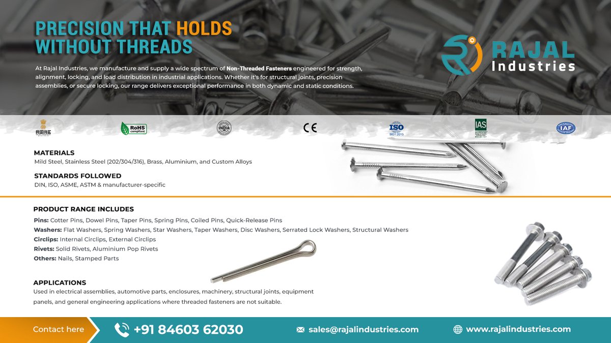 rajalindia's tweet image. 🔩 Strength Beyond Threads.
Rajal’s Non-Threaded Fasteners—pins, rivets, washers &amp;amp; more—deliver precision &amp;amp; secure fit in critical builds.
✅ DIN, ISO, ASTM | Custom Sizes
📧 sales@rajalindustries.com
#NonThreadedFasteners #EngineeringParts #FastenersIndia #RajalIndustries #B2B