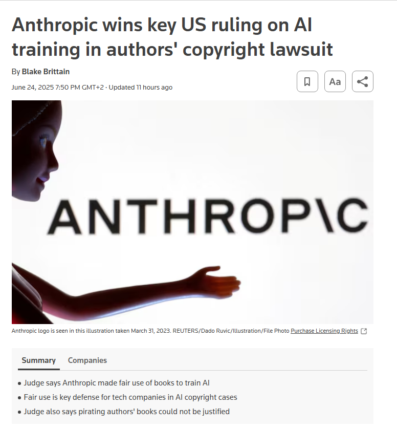 Sentencia importante para el sector inteligencia artificial en EEUU:

Un juez federal le da la razón a Anthropic y dictamina que entrenar modelos de IA con libros con copyright sin el permiso de los autores es un uso legítimo, si los había comprado previamente.