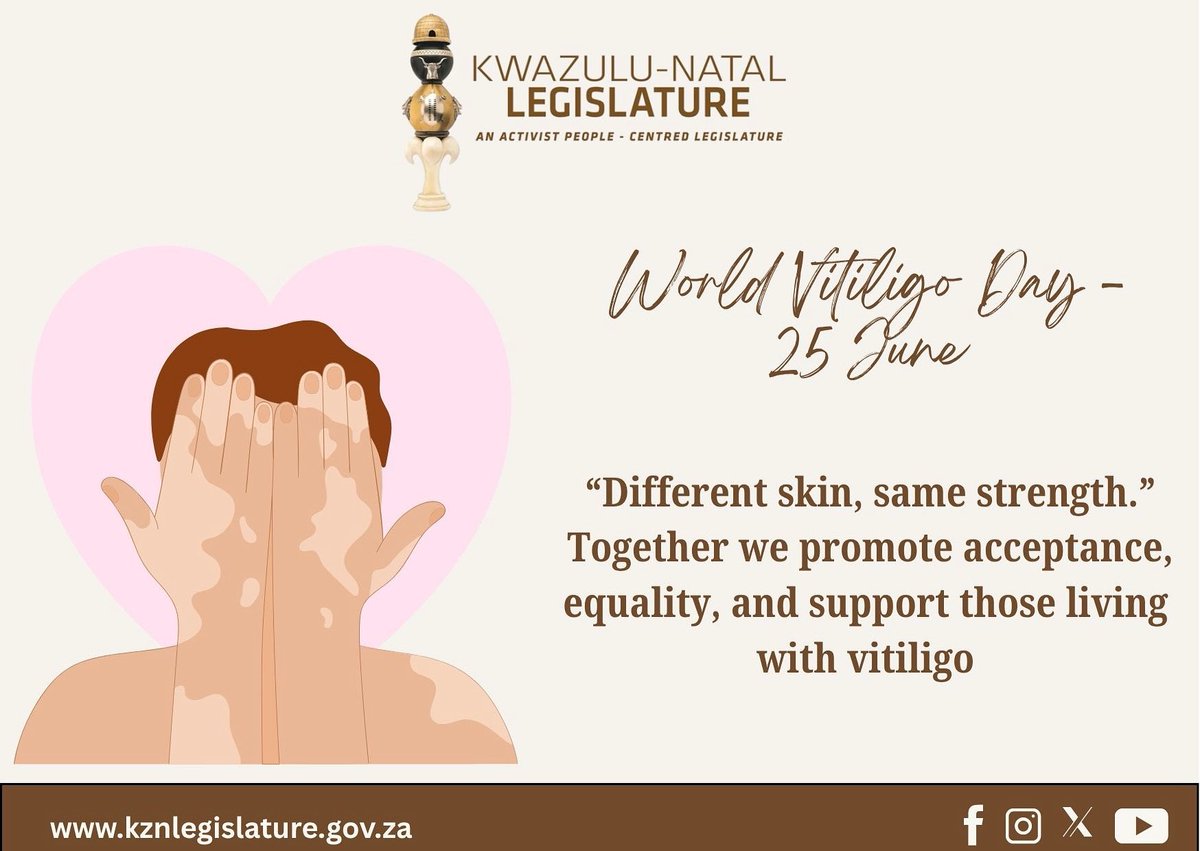 Today, we pause to honour the courage, beauty, and strength of people living with vitiligo.

At the KZN Legislature, we believe that no one should be defined by their skin. Vitiligo is not a flaw, it’s simply part of the story that makes each person unique #vitiligoawareness