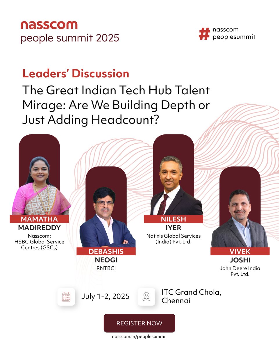 NasscomEvents's tweet photo. Are we building tech depth or just headcount?

At the #NasscomPeopleSummit2025, we challenge the scale-over-substance mindset. Is it time to rethink India’s talent playbook?

https://t.co/rgqPEirUBQ 

#TechTalent #FutureOfWork #LeadershipMatters #BuildForImpact #PeopleSummit2025 https://t.co/G7BkMw9wdW