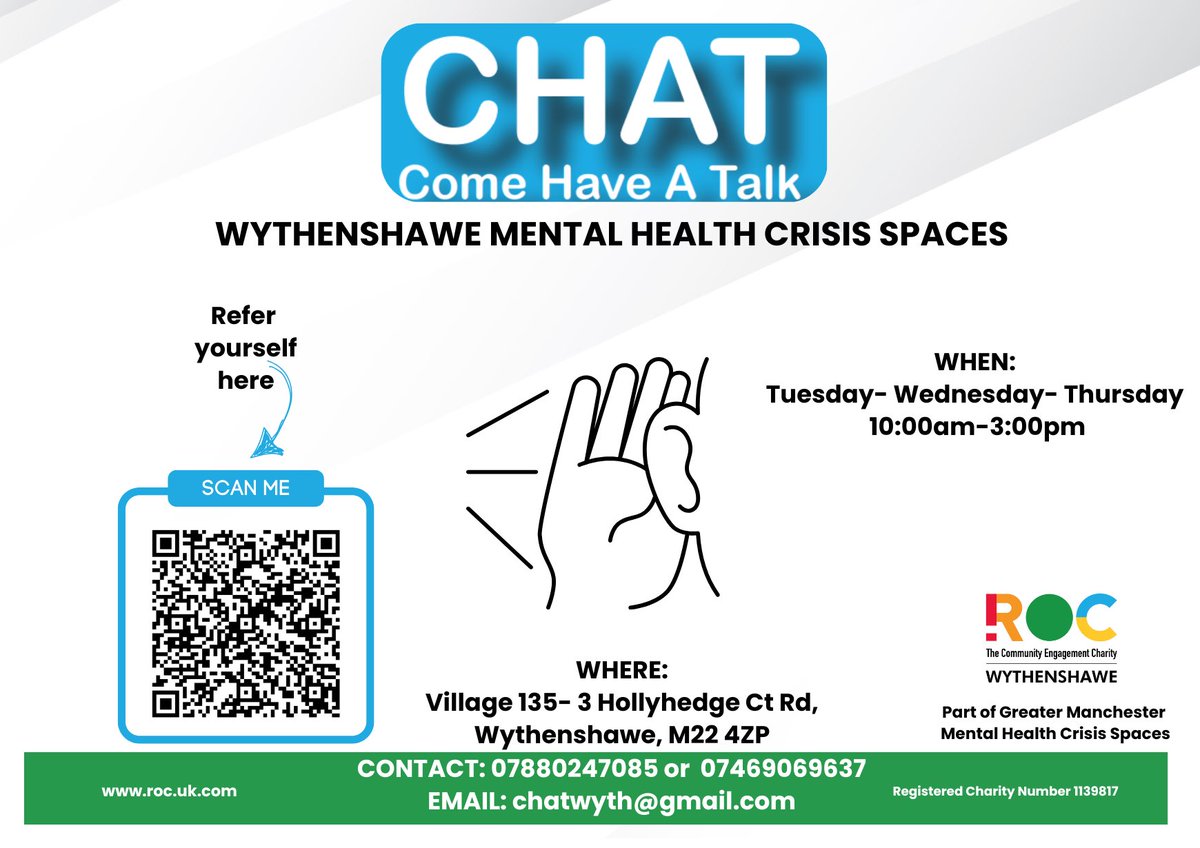 What We Offer at ROC CHAT…

Listening Space – A compassionate, non-judgmental space where people can talk and receive support.
Resilience Workshops – Sessions like ROC Your Resilience to help individuals build coping skills.
Volunteering Opportunities – A chance to engage, gain