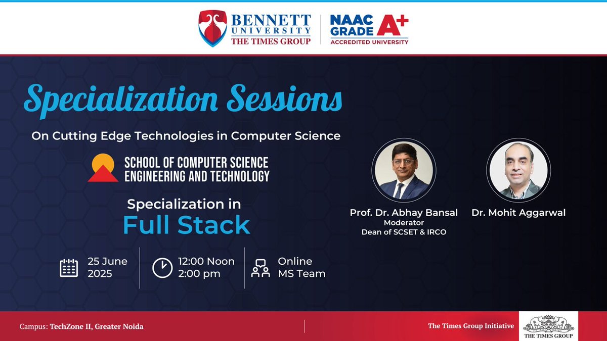 SCSETBennett's tweet photo. Join us for an exclusive specialization session on Full Stack, organized by the School of Computer Science Engineering and Technology, Bennett University. 
#SCSETBennett #BennettUniversity #specialization #artificialintelligence #FutureLeaders #Industryready https://t.co/Pb13stXb8F