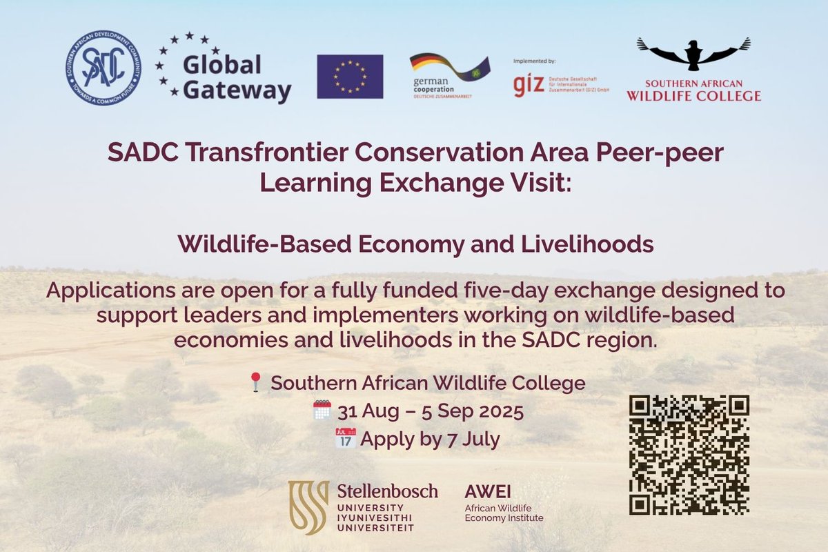 🚨 Big Opportunity

Apply now for a fully funded 5-day peer exchange on wildlife-based economies in SADC TFCAs

🌍 Connect, share, learn
📍 SA Wildlife College
📅 31 Aug–5 Sep
🗓️ Apply by 7 July

🔗 wildlifeeconomy.info/event/SADC-TFC… #WildlifeEconomy #SADC #TFCA #Conservation #Livelihoods