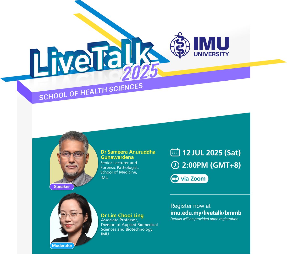 🔬 Live Talk 2025: Can forensics exist without biomedical science &amp; biotech? 🤯 Join Dr Sameera Gunawardena, (Senior Lecturer, Pathology) to explore how DNA analysis &amp; tech solve crimes! 🧬🔍 📅 12 Jul, Sat | 2pm (GMT+8) 

🔗 Register: imu.edu.my/livetalk/bmmb