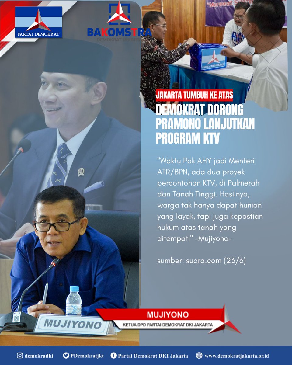 Jakarta Tumbuh ke Atas! Perbanyak hunian vertikal.

Sekarang <a href="/PDemokrat/">Partai Demokrat</a> minta Mas <a href="/pramonoanung/">Pramono Anung (IG : @pramonoanungw)</a> lanjutkan program KTV biar makin banyak warga ngerasain manfaatnya! 

"Nggak cuma tempat tinggal, tapi juga legalitasnya cuy!" — Bang <a href="/RAMujiyono/">R A M</a>, Ketua DPD Demokrat DKI Jakarta