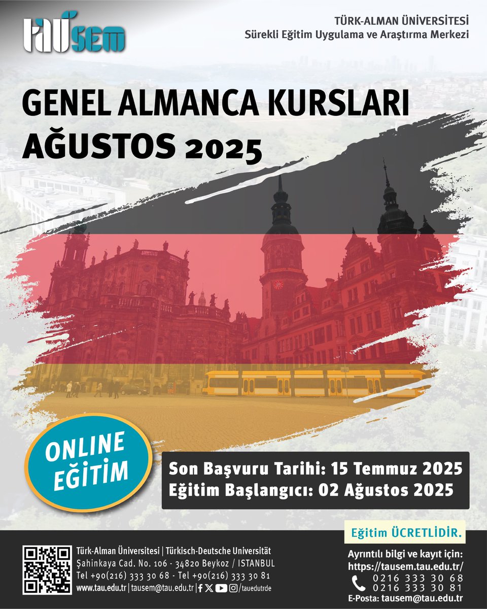 TAÜ-SEM (@tau_sem) on Twitter photo TAÜ-SEM'in düzenlediği Ağustos 2025 Dönemi Online Genel Almanca Kursu için başvurular başlıyor. Eğitimle ilgili ayrıntılı bilgiye ve ön kayıt formuna takip eden linkten ulaşabilirsiniz 👉tausem.tau.edu.tr/genel-almanca-… TAÜ-SEM'in düzenlediği Ağustos 2025 Dönemi Online Genel Almanca Kursu için başvurular başlıyor. Eğitimle ilgili ayrıntılı bilgiye ve ön kayıt formuna takip eden linkten ulaşabilirsiniz 👉tausem.tau.edu.tr/genel-almanca-…