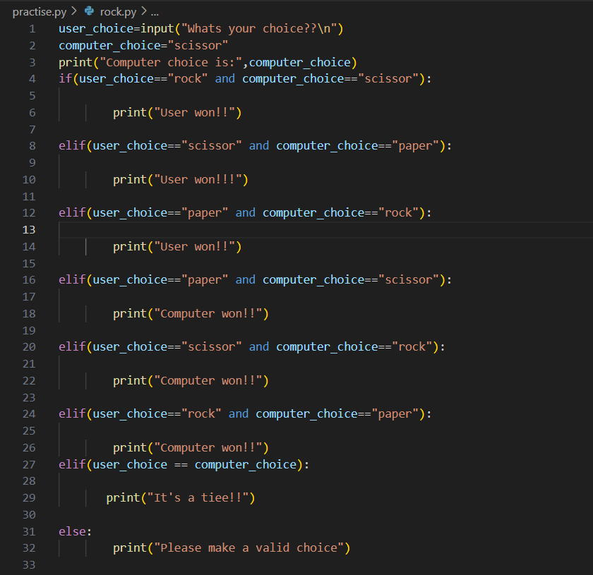 VishakhaKa58462's tweet image. 🚀 Day 4 of #30DaysOfPython
🎮 Rock, Paper, Scissors (Basic Edition)
🧠 Practiced: if-elif-else, logical comparisons, user input handling
📌 Note: Computer choice is fixed to "scissor" for now – random version coming soon!
#Python #CodeNewbie #DevJourney