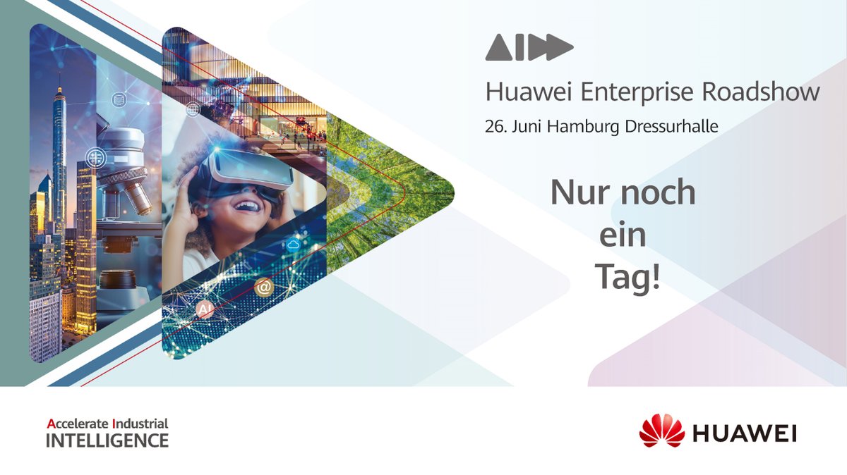 📢Nur noch ein Tag bis zur Huawei Enterprise Roadshow in Hamburg! 🚀
Wir freuen uns schon, Sie in der historischen Dressurhalle zu treffen! 

Mehr Info zur Roadshow: tinyurl.com/23r6nuv7

#intelligentdigitalization #huaweiroadshow