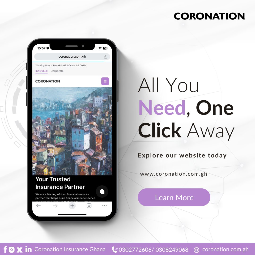 coronationghana's tweet photo. Looking for the right insurance solution?
From personal to corporate coverage, itβs all just one click away. Visit our website to explore tailored plans that meet your needs anytime, anywhere.
π https://t.co/ucX4MD7uJd
#SmarterInsurance
#InsuranceMadeSimple
#Coronation https://t.co/wpQKPVJU2a