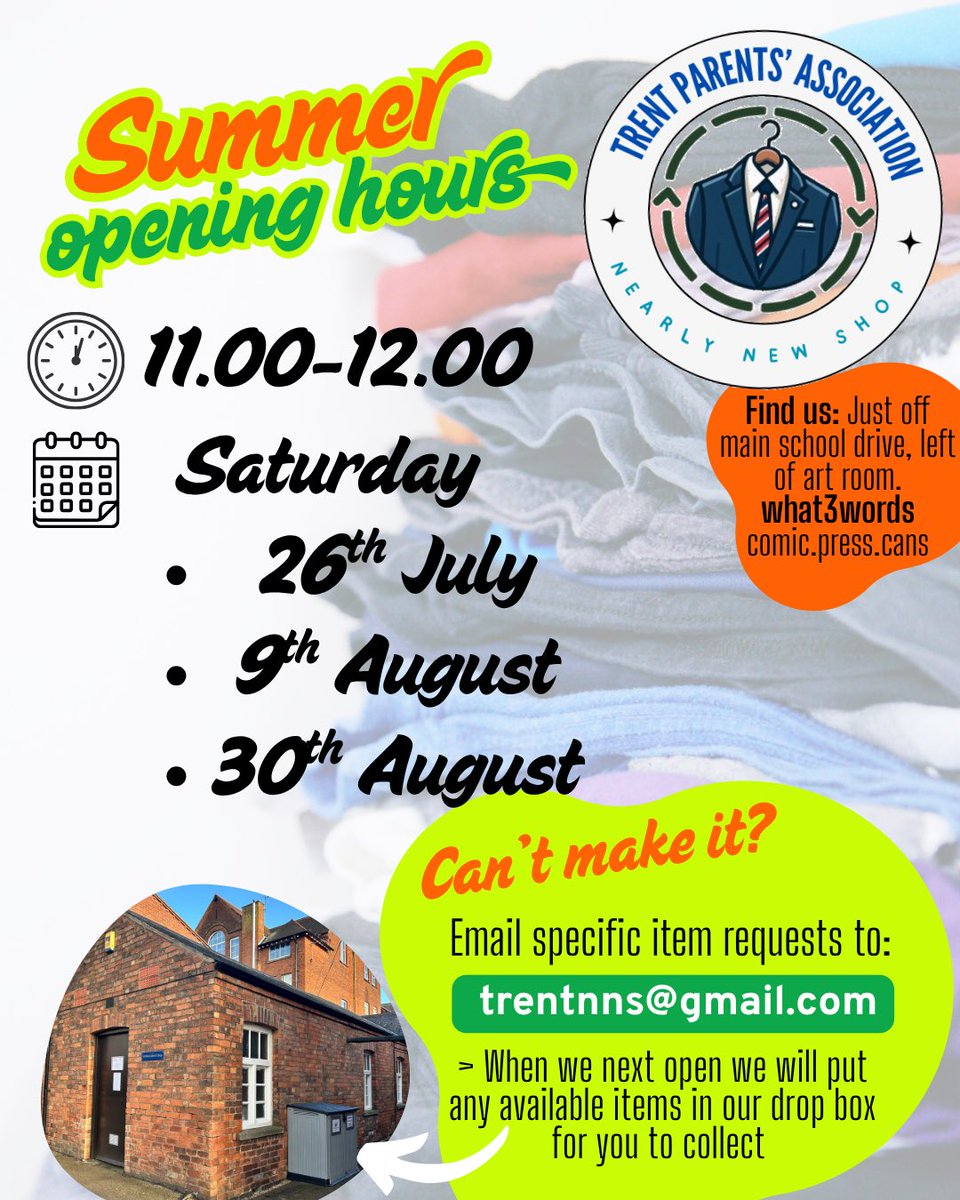 📆 Nearly new shop extra dates in the summer hols ☀️ 
🧢At our busiest time we are so grateful for any donations - you can now leave them at any time in our drop-box 📮