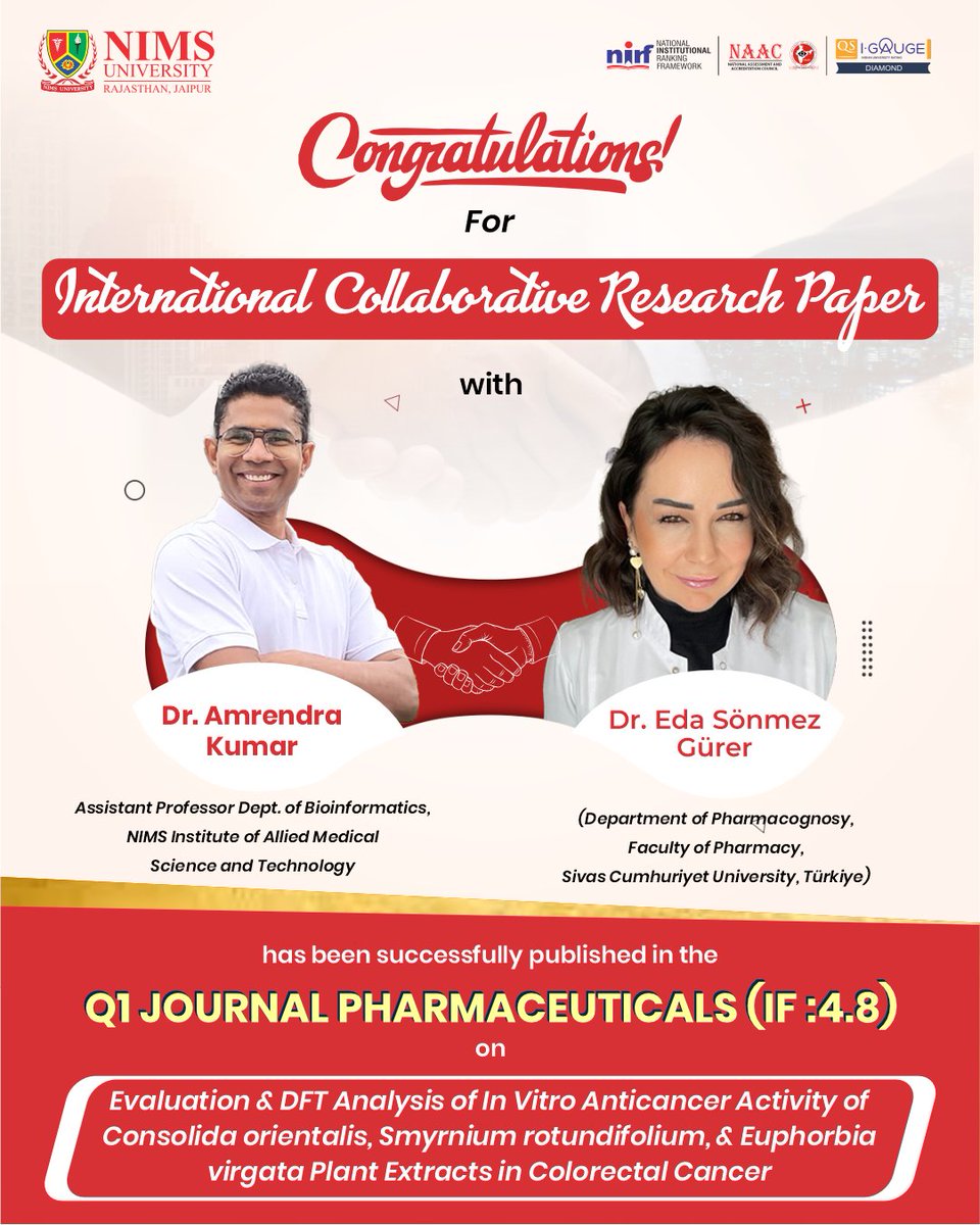 NIMS University (@nimsuniversity) on Twitter photo Congratulations to ๐๐ซ. ๐๐ฆ๐ซ๐๐ง๐๐ซ๐ ๐๐ฎ๐ฆ๐๐ซ, Assistant Professor (NIMS Institute of Allied Medical Science & Technology) and ๐๐ซ. ๐๐๐ ๐๐จฬ๐ง๐ฆ๐๐ณ ๐๐ฎฬ๐ซ๐๐ซ (Sivas Cumhuriyet University, Tรผrkiye) for their successful international research collaboration!
Their Congratulations to ๐๐ซ. ๐๐ฆ๐ซ๐๐ง๐๐ซ๐ ๐๐ฎ๐ฆ๐๐ซ, Assistant Professor (NIMS Institute of Allied Medical Science & Technology) and ๐๐ซ. ๐๐๐ ๐๐จฬ๐ง๐ฆ๐๐ณ ๐๐ฎฬ๐ซ๐๐ซ (Sivas Cumhuriyet University, Tรผrkiye) for their successful international research collaboration!
Their