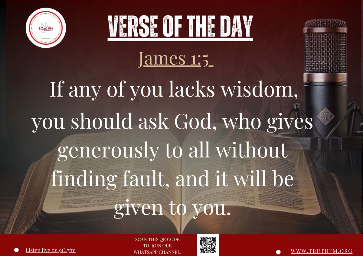 Need wisdom? Just ask. God gives it freely, without holding back. 

Join our WhatsApp Channel for daily encouragement and updates:
👉 whatsapp.com/channel/0029Va…
#DailyBibleVerse #VerseOfTheDay #BibleVerse