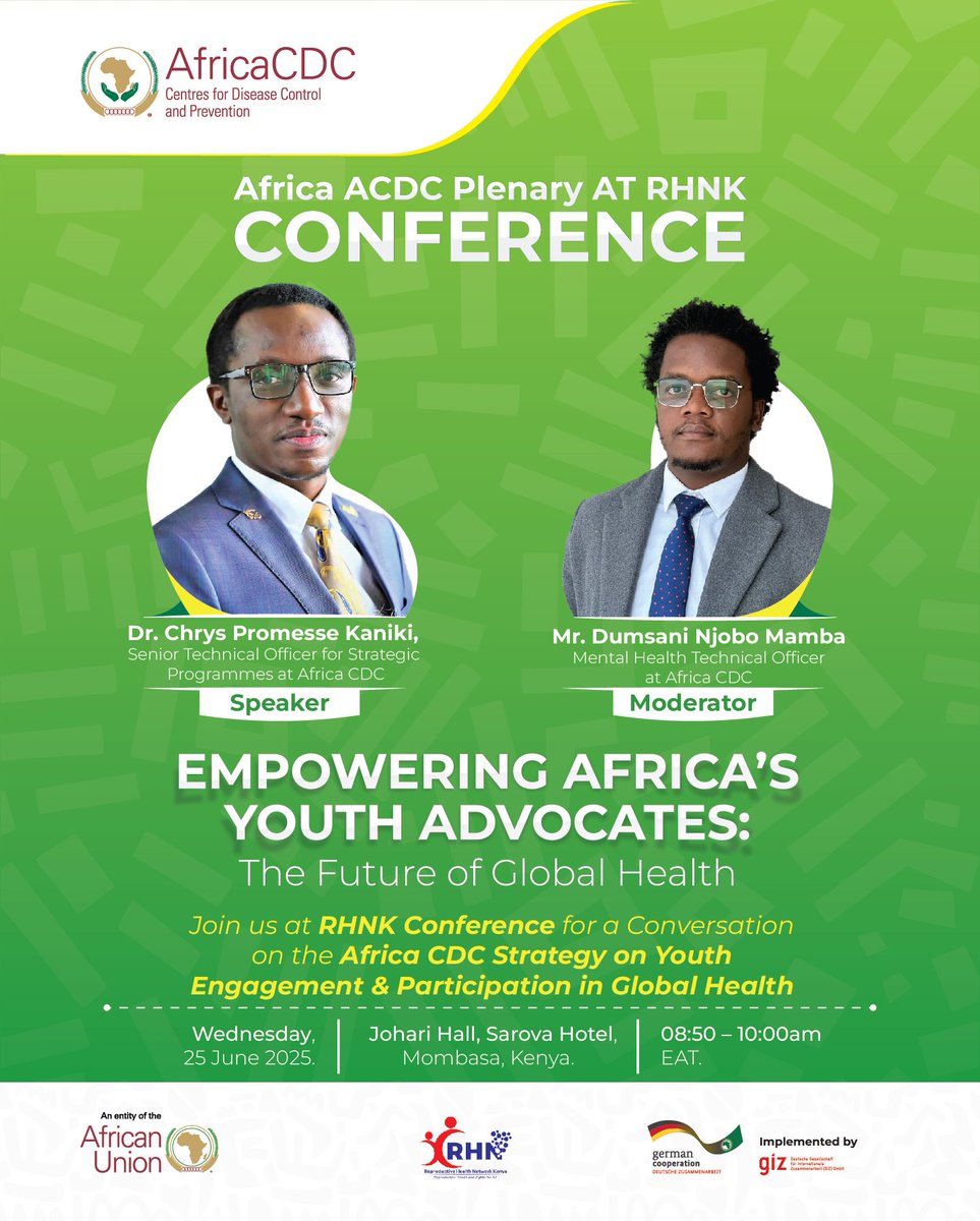 This morning, I will be joining Dumsani N. Mamba (<a href="/NjoboMamba/">Dumsani Njobo Mamba</a>) at the <a href="/AfricaCDC/">Africa CDC</a> Plenary Session for an interesting and insightful conversation on the "Africa CDC Strategy for Youth Engagement and Participation in Global Health", #YESHealth.

Join us to discuss how Africa CDC