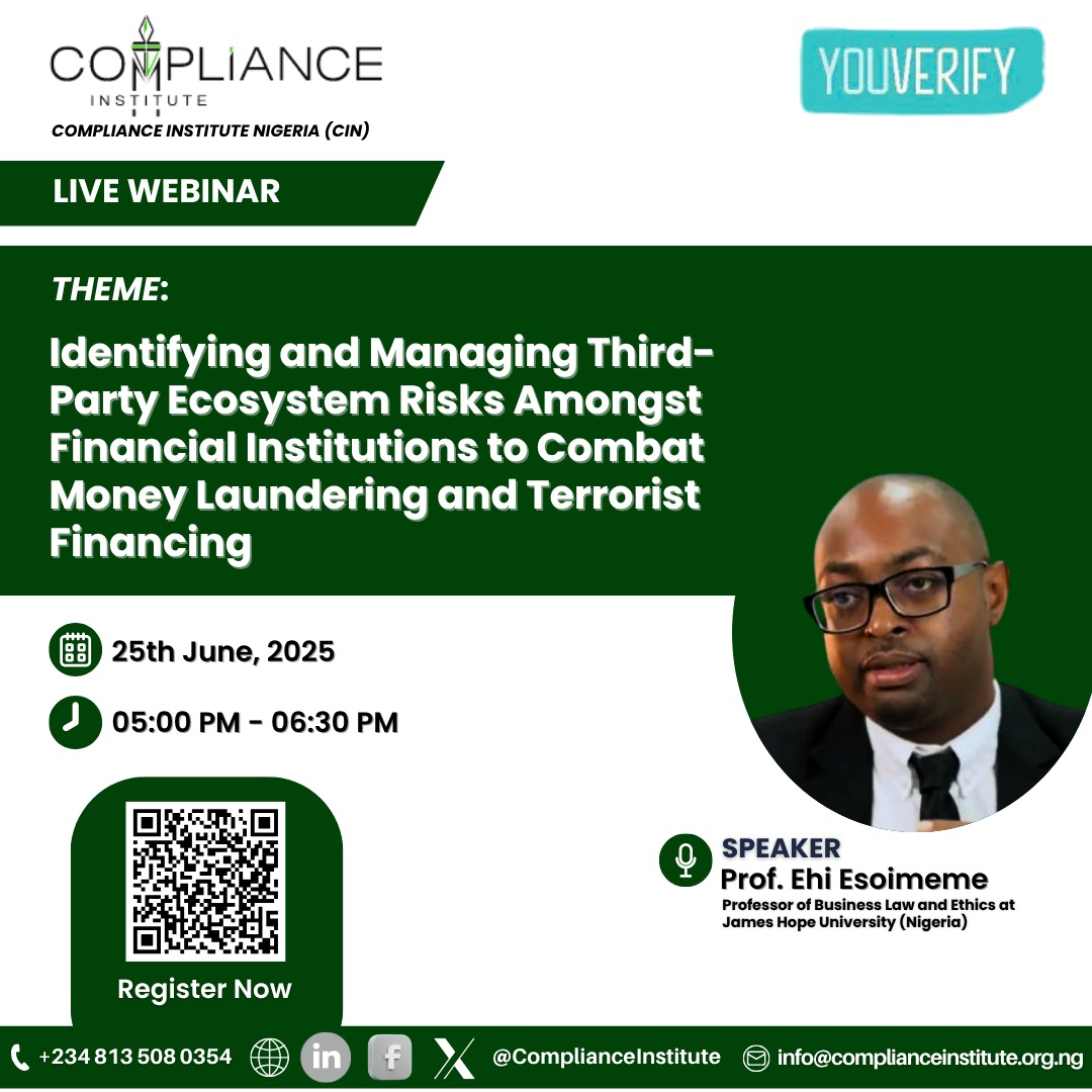 Compliance_Inst's tweet photo. π’ Happening Today!
Join us for a webinar on managing 3rd-party risks in financial institutions.
π June 25 | 5β6:30 PM
π Prof. Ehi Esoimeme
π Register: https://t.co/H9NvwPSd2s
#Compliance #AML #CINWebinar #YouverifyΒ #RiskManagement https://t.co/wHlAYvnjss