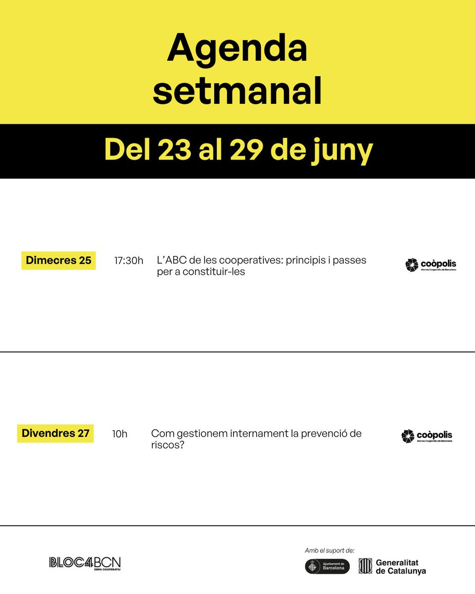 Acabem el mes de juny amb dues formacions de Coòpolis:

🔹 L’ABC de les cooperatives: principis i passes per a constituir-les
🔹 Com gestionem internament la prevenció de riscos?

🔗 Totes les formacions requereixen inscripció prèvia.

#Bloc4BCN #ESS #Formació #Cooperativisme