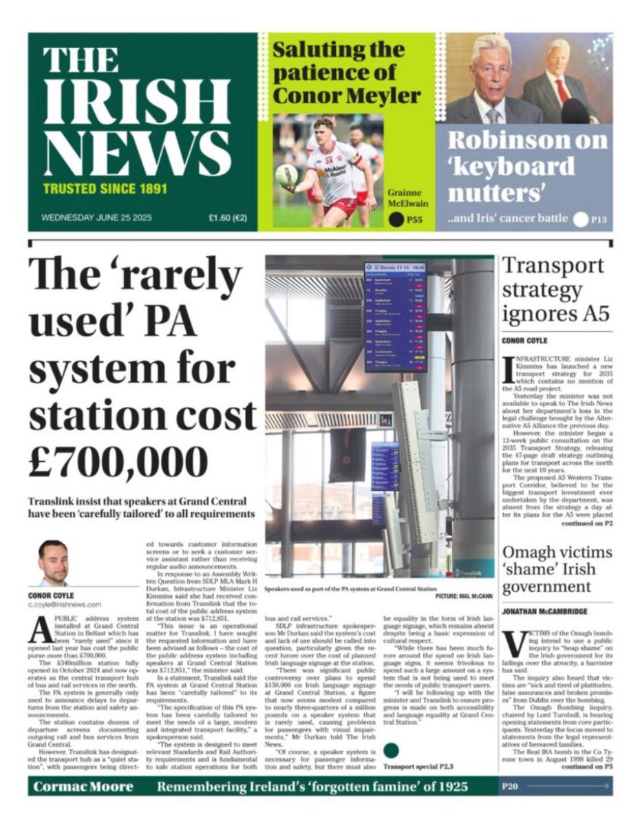 The front page of today’s Irish News.