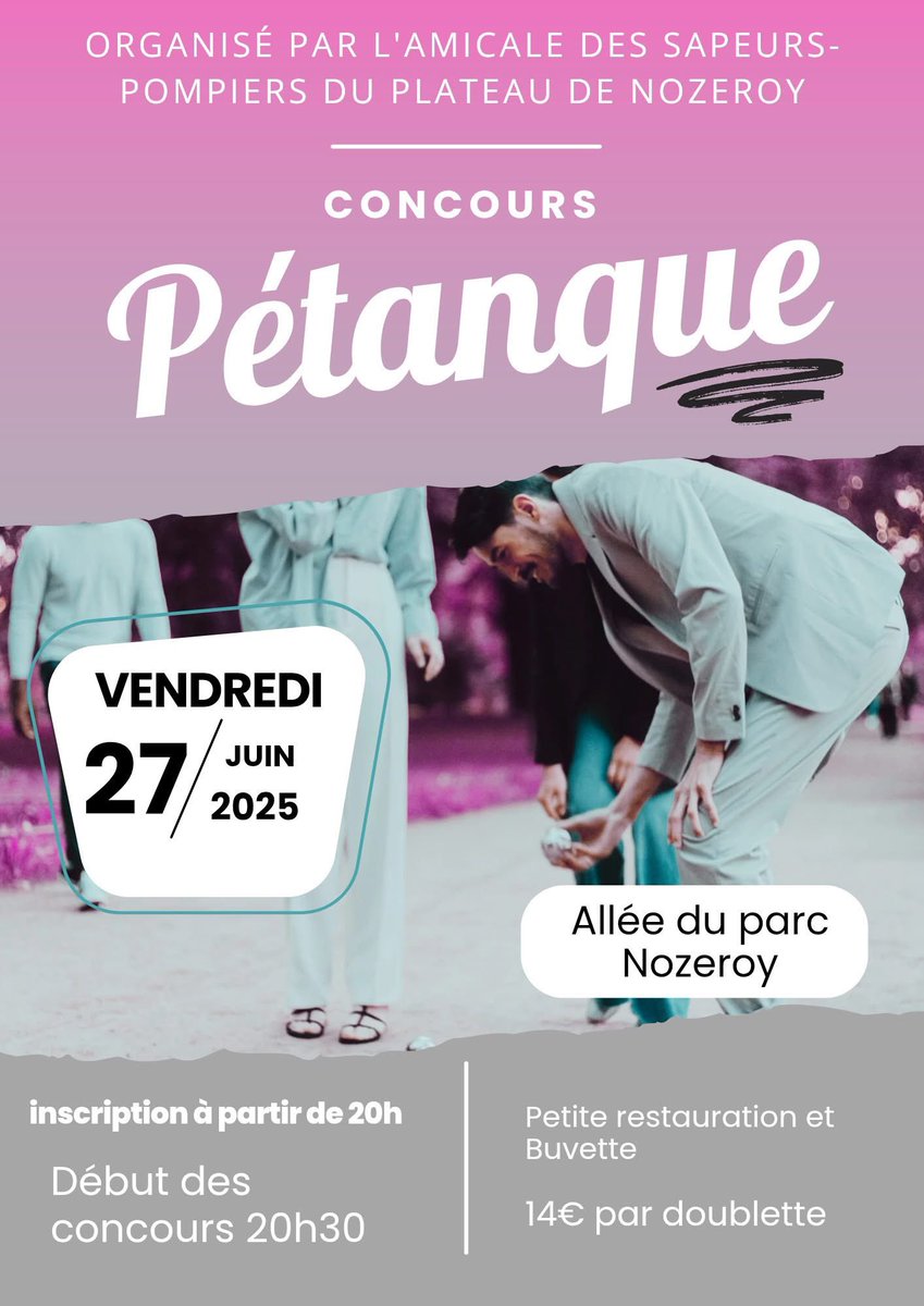 UDSP 39 (@udsp_39) on Twitter photo #Pétanque🚒 | Rendez-vous ce vendredi ☀️ pour le Concours de Pétanque, organisé par l’amicale des <a href="/PompiersFR/">Pompiers de France</a> de Nozeroy ! <a href="/guyon_j/">GUYON Jérôme</a> <a href="/ClmentComte1/">Clément Comte</a> <a href="/RICHARD_Sy25/">RICHARD Sylvain</a> <a href="/SDIS39/">SDIS du Jura</a> <a href="/eleonore_vrmr/">eleonore</a> <a href="/micka39/">Mickael Puyfages</a> <a href="/phuguenet/">Philippe Huguenet</a> <a href="/Rondot_Raphael/">Raphaël Rondot</a> #Pétanque🚒 | Rendez-vous ce vendredi ☀️ pour le Concours de Pétanque, organisé par l’amicale des <a href="/PompiersFR/">Pompiers de France</a> de Nozeroy ! <a href="/guyon_j/">GUYON Jérôme</a> <a href="/ClmentComte1/">Clément Comte</a> <a href="/RICHARD_Sy25/">RICHARD Sylvain</a> <a href="/SDIS39/">SDIS du Jura</a> <a href="/eleonore_vrmr/">eleonore</a> <a href="/micka39/">Mickael Puyfages</a> <a href="/phuguenet/">Philippe Huguenet</a> <a href="/Rondot_Raphael/">Raphaël Rondot</a>