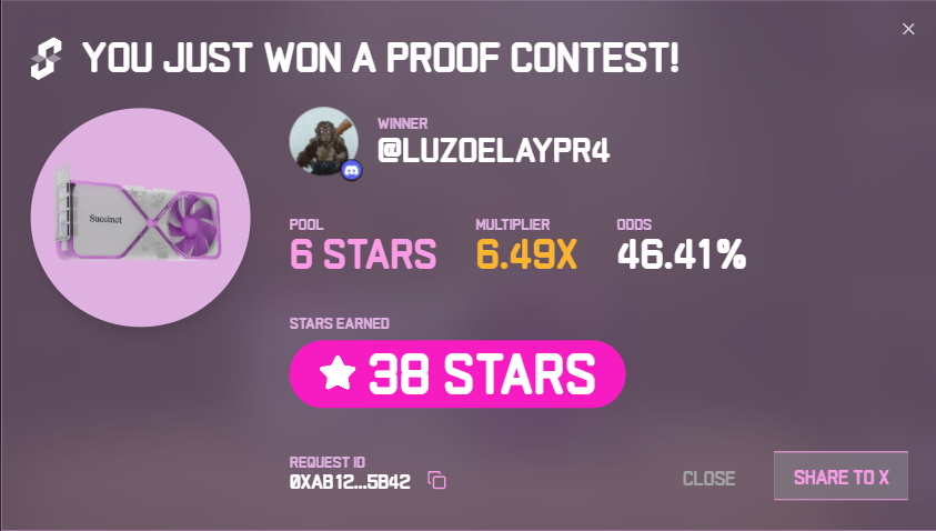I just won 38 stars in the Succinct Stage 2 Proof Contest! Prove with us <a href="/SuccinctLabs/">Succinct</a> #ProveWithUs 

And received some $PROVE 🔥