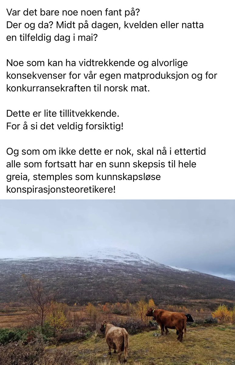Et betimelig spørsmål fra Anders Norstad på Facebook: Hvem var det EGENTLIG som foreslo at bruk av metanhemmere skal være en betingelse for husdyrtilskudd? Det var ikke Norsk Jordbruk, bondeorganisasjonene eller Staten... Så hvem var det? ⁉️