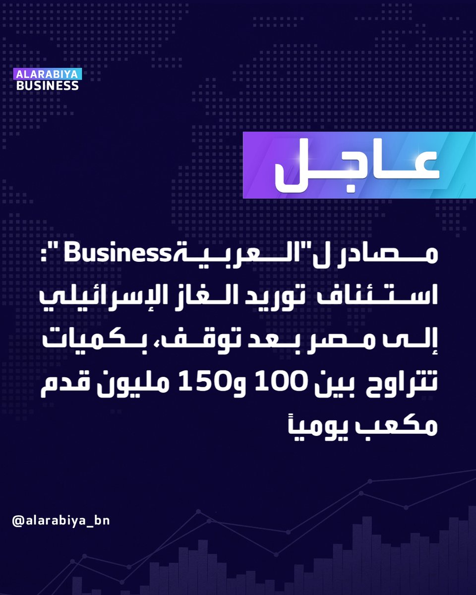AlArabiya_Bn's tweet photo. #عاجل| مصادر لـ"العربيةBusiness ": استئناف توريد الغاز الإسرائيلي إلى #مصر بعد توقف، بكميات تتراوح بين 100 و150 مليون قدم مكعب يوميًا
#العربية_Business https://t.co/PiYK8JQaGb